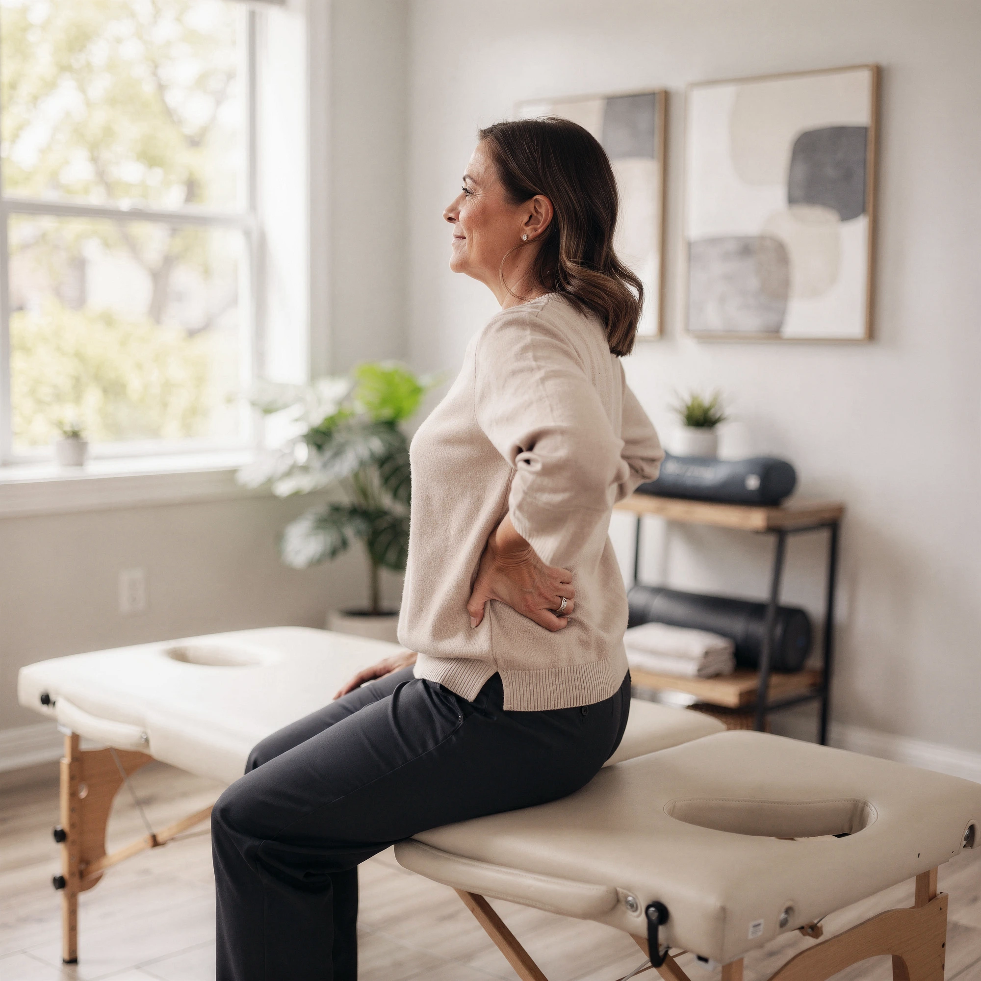 Woman experiencing lower back pain while sitting on a treatment table in a clinical setting